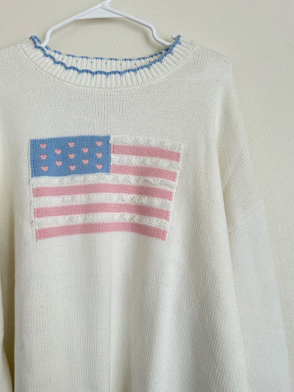 NWOT SoHo & Stella Cream Knit Sweater with Pink & Blue Flag Motif - Picture 2 of 4